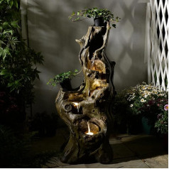 LED Garden Fountain in Tree Trunk Design, 5-Tier Cascade Waterfall Made of Weatherproof Resin | Lifelike Wood Look for Patio & Front Garden | 31 x 46 x 102 cm (L x W x H)
