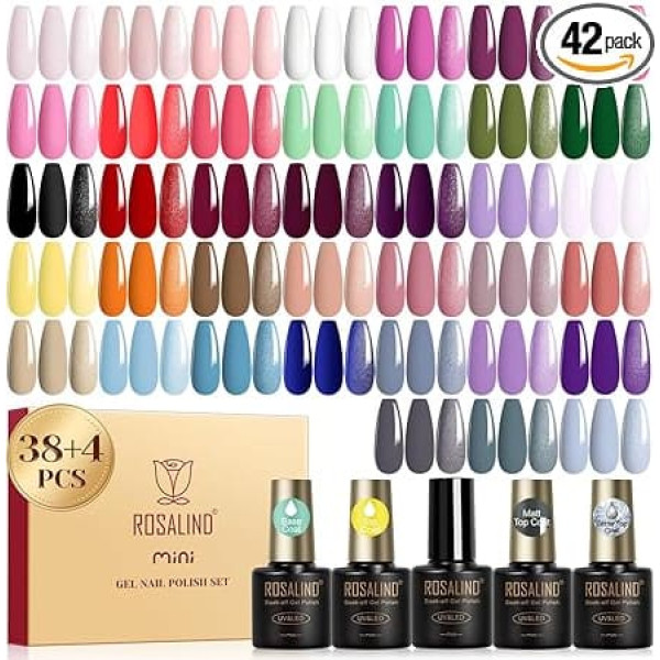 ROSALIND UV Nail Polish Set, 42 Pieces Gel Nail Polish Pink Nude White Purple Green Colour Gel Nails, Soak-Off Mini UV Gel Red Blue Grey for Nail Design Nail Polish Gift