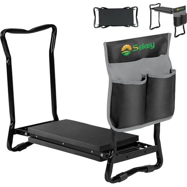 Sekey Height-adjustable kneeler for gardening, load capacity 160 kg, folding garden stool with tool pockets, knee aid for gardening, 60 x 50 x 28 cm, black (standard)