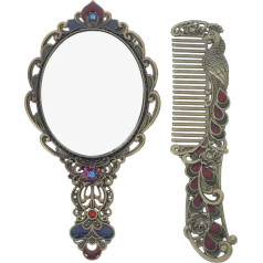 Healeved Vintage Hand Mirror with Antique Peacock Motif, 5.31 Inch Cosmetic Mirror Made of Metal, Compact for Make-Up, Travel, Gift Set with Comb