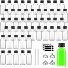 Transparente Glasflaschen mit schwarzen Kappen und Trichter für Vanilleextrakt, Probe, Boston, runde kleine Glasbehälter mit Etiketten, Stiften für ätherische Öle, 50 Stück