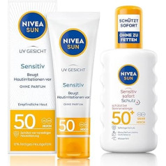 NIVEA SUN Sensitive Set with Sun Protection for the Face & Spray with SPF 50, Fragrance-Free Face Cream Soothes Skin Irritation, Waterproof Sun Spray for Sensitive Skin