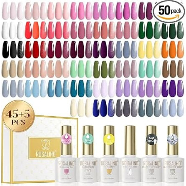 ROSALIND UV Nail Polish Set, 50 Pieces Pink Green Purple Blue Grey Gel Nail Polish Set, Soak-Off UV LED Colour Gel Nails for Nail Design Gel Nail Polish Gift