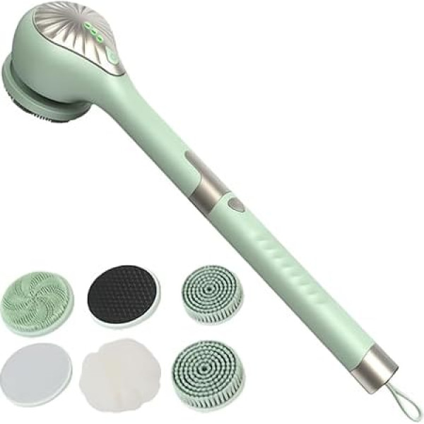 Electric Body Brush, Bath Brush, Back Brush with 6 Attachments, Shower Brush with Long Handle, IP67 Waterproof, 3 Speed Spin Cleaning Brush for Spa, Shower, Exfoliating Massage Brush, Green
