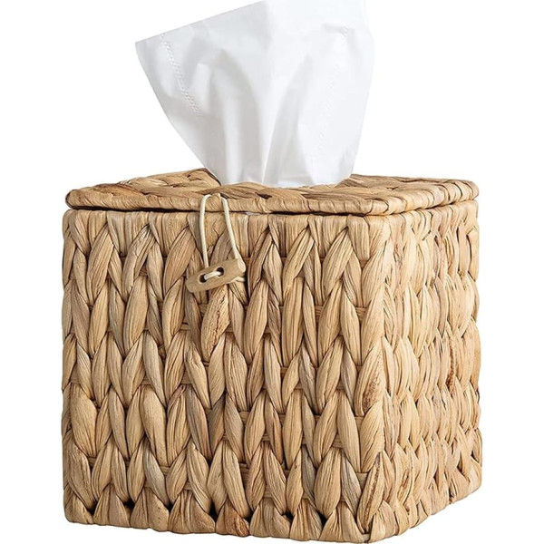 Rattan Fabric Box, 15 x 15 x 15 cm, Decorative and Woven Tissue Box, Woven Tissue Holder, Napkins Storage Box for Bathroom, Living Room, Office, Restaurant, Crafts