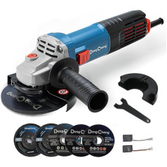DongCheng Angle Grinder 1100 W, 125 mm, Idle Speed: 11,800 min-1, Quick Release Cover, Additional Handle, with 2 Sanding Discs, 2 Flap Sanding Discs, 2 Cutting Discs