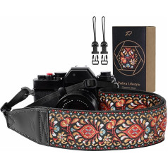 Padwa Lifestyle Camera Strap - 2 Inch Full Grain Leather Camera Straps for Photographers, Vintage Embroidered Cotton Fabric, Soft Suede Fabric, Padded Strap, Quick Release, Fits All Cameras - Pink Flower