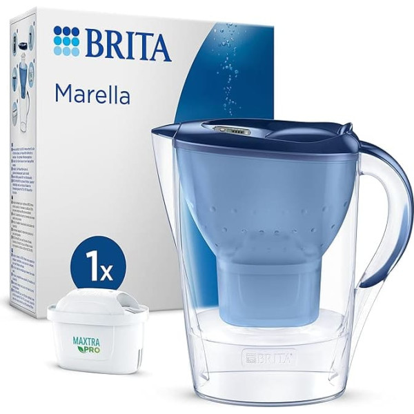 BRITA Marella Water Filter Jug Blue (2.4 L) Including 1x Maxtra Pro All-in-1 Cartridge - Filter Jug for Reducing Limescale, Chlorine, Lead, Copper & Taste-Disturbing Substances in Tap Water