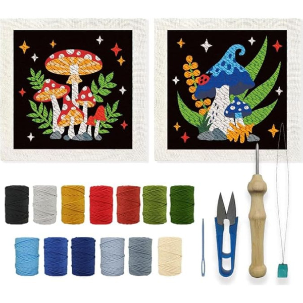 INFUNLY Set of 2 Mushroom Punch Needle Embroidery Set for Beginners Art Night Mushroom DIY Punch Needle Embroidery Starter Set Handmade Needle Tips with Plant Pattern Instructions as Festival Gift and
