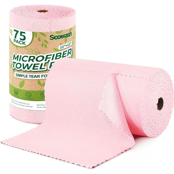 Microfibre Cloths Roll, Pack of 75 Microfibre Cleaning Cloths, Tear-Off Cloths for Car, Kitchen and Home, 30 x 30 cm (Pink)