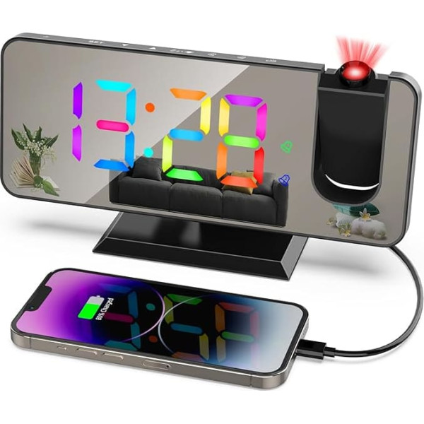 ThreeH Projection Alarm Clock with 11 RGB Colours Changing LED Mirror Display Digital Clock with USB Charging Port Snooze Function 6 Brightness Levels Adjustable Black