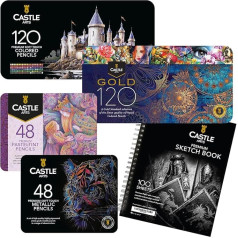 Castle Arts Premium Colorist Tin Bundle - 338 Piece Art Set with Pigment Rich Colouring Pencils and 2 Sketchbooks