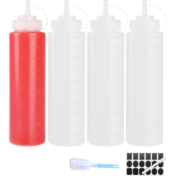 YBCPACK 4 Pack Large Plastic Squeeze Bottles with Nozzles, Refillable Sauce Bottles, Squeeze Spice Dispenser for Sauce, Ketchup and Salad
