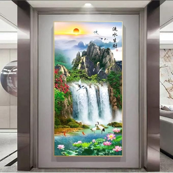 CBZKTR Chinese Porch Wall Decor Feng Shui Canvas Painting Flowing Water Creates Wealth Poster Mountains 17x34 Inch with Gold Frame