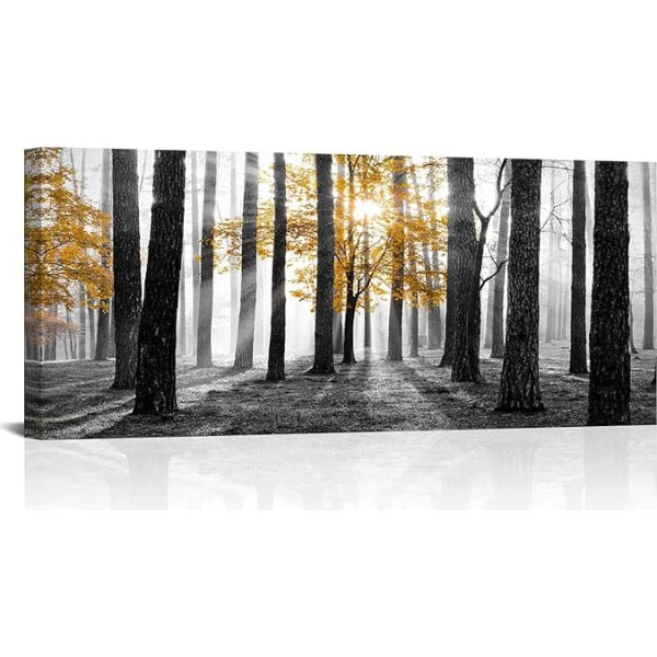 Kalormore Nature Canvas Wall Art Yellow Tree Sunshine Forest Picture Prints Wall Decoration Black and White Autumn Mist Forest Trees Artwork for Living Room Bedroom Decoration