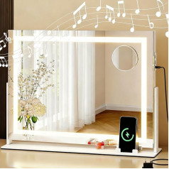 DWVO Bluetooth Hollywood Make-Up Mirror with Lighting, 62 x 51 cm Table Mirror, Dimmable LED Light in 3 Modes, 360° Rotation Table Mirror, Hollywood Mirror, Vanity Mirror, Touch Control, USB Charging