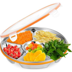 Cabilock Snack Plate with Compartments Round Stainless Steel Snack Plate & Tray Dishwasher Safe Nibble Bowl Candy Serving Tray with Lid 26 cm for Picnic, Party, Office