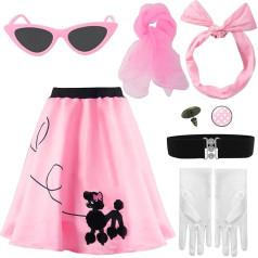 1950s Poodle Skirt Costume for Women, 50s Costume, Pink Retro Outfit for Adults, 7 Pieces, Sock Hop Accessories with Belt, Glasses, Earrings, Scarf, Gloves, 50s Costume