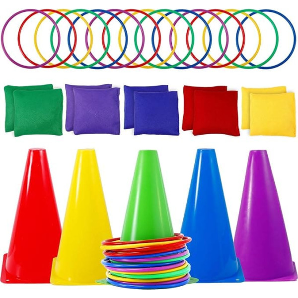 Pack of 30 Ring Toss Game, 3-in-1 Children's Party Throwing Games, Throwing Game, Children's Outdoor Games Set with Traffic Cone, Bean Bags, Throwing Rings, Throwing Games Outdoor for Children