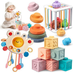Montessori Toy for Baby, 4 in 1 Sensory Baby Toy Motor Skills Toy - Montessori Pull Cord, Stacking Cube, Stacking Rings, Baby Cube Toy