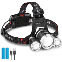 EXTRASTAR Rechargeable Headlamp with 3 Light Types and 4 Lighting Modes, Ideal for Camping, Fishing, Hiking, Running, Cycling and Sports Activities