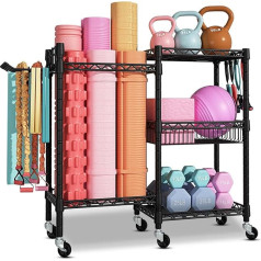 Robustes Aufbewahrungsregal für Fitnessgeräte mit feststellbaren Rädern – Hantel-Organizer aus Karbonstahl für Zuhause, Yogamatten und Widerstandsbänder, 91,5 × 30 × 82,5 cm, 120 kg Tragkraft