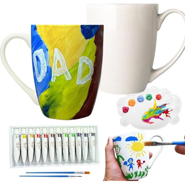 Ceramic Cups Painting Set, Painting Creative Painting Set with 2 White Cups for Painting, Paints, Brushes, Painting Palette and Instruction Manual (English language not guaranteed), Personalised Ceramic DIY Set, Adult Craft Set, Gift