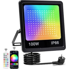 100 W RGB LED Floodlight, Outdoor LED Floodlight, with Bluetooth App and 2.4G Remote Control, IP66 Waterproof, Colour Changing, Dimmable, 16 Million Colours Floodlight for Gardens, Courtyards, Party