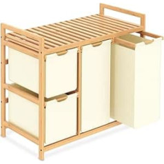 Laundry Basket 3 Compartments, 150 L Laundry Hamper with Shelf, Bamboo Laundry Trolley for Dirty Laundry, Push-Pull Laundry Bag Made of Oxford Fabric, 2 x 50 L, 2 x 25 L Laundry Box, Beige