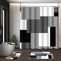 Grey Geometric Shower Curtain Sets with Toilet Lid Cover and Non-Slip Rugs for Bathroom, Black and White Plaid 4 Piece Shower Curtain Set, Modern Abstract Bathroom Set with 12 Hooks