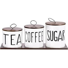 BTSKY Ceramic Canisters Set of 3 White 3 Sizes Airtight Storage Jars for Sugar Coffee Tea with Wooden Lid and Tray Farmhouse Counter Food Storage Jars
