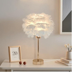 Table Lamp White Feather Light E27 Fluffy Gold Decorative Lamp Artificial Feathers Bedside Lamp Warm White Night Light for Bedroom Living Room (35 cm W x 47 cm)