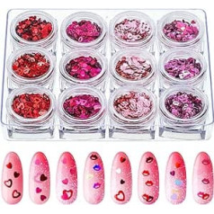 12 Boxes Valentine's Day Nail Glitter Heart Nail Sequins Holographic Red Pink Heart and Hollow Heart Lips Sequins 3D Nail Art Laser Flakes for Women Girls Makeup Nail Decoration (Bright Colour)