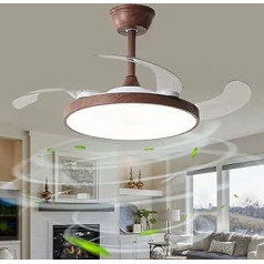 Invisible Fan Lamp, Retractable Wing Ceiling Fan with Lighting, Dimmable, Modern, Reversible Fan with Light, Large Timer, Bedroom, Living Room, Children's Room, Faux Wood Grain, 118 cm