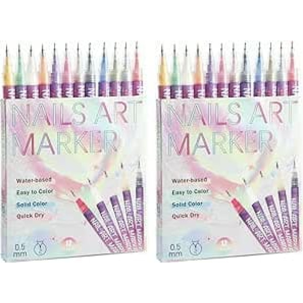 12 Coloured 3D Nail Art Pens Set, Waterproof Nail Marker Pens Quick Drying for Dot Painting Painting Drawing Pen - 2 Pieces