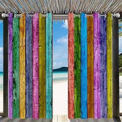 Outdoor Curtain Weatherproof with Eyelets, Set of 2 Balcony Wood Grain Outdoor Curtains, Waterproof Opaque Curtain, Sun Protection Curtains for Patio, Gazebo, Garden (132 x 160 cm, Colourful)