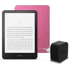 Den neuesten Kindle Paperwhite (2024 Release) 16 GB mit Werbung, eine Amazon Plant-basierte Hülle und ein Amazon Powerfast 9W-Netzteil.
