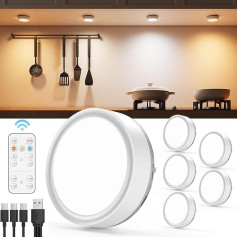 LED Spot Battery Rechargeable with Remote Control, 2400 mAh Battery Operated, Wireless, Dimmable, Showcase Lighting with Timer and Magnet, Round Under-Unit Light, Kitchen Battery Without Cable, USB-C