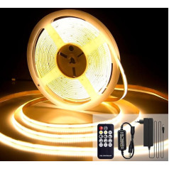 COB LED Strip 10 m, LED Strip, Warm White, 2700 K, Self-Adhesive Light Strip, CRI92, 8 mm Width, with Remote Control and Power Supply, for Home Decoration, Kitchen, Mirror