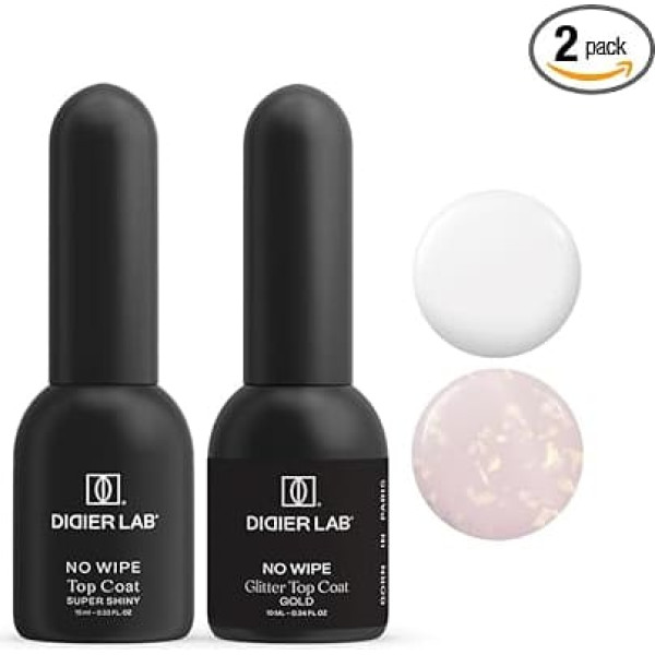 DIDIER LAB Gel Top Coat Set, Super Shiny & Glitter Gold, Long-Lasting No Wipe Formula, Shiny and Sparkling Gold Finish, Scratch-Resistant Top Coat UV for Perfect Long-Lasting Manicure, 2 x 10 ml