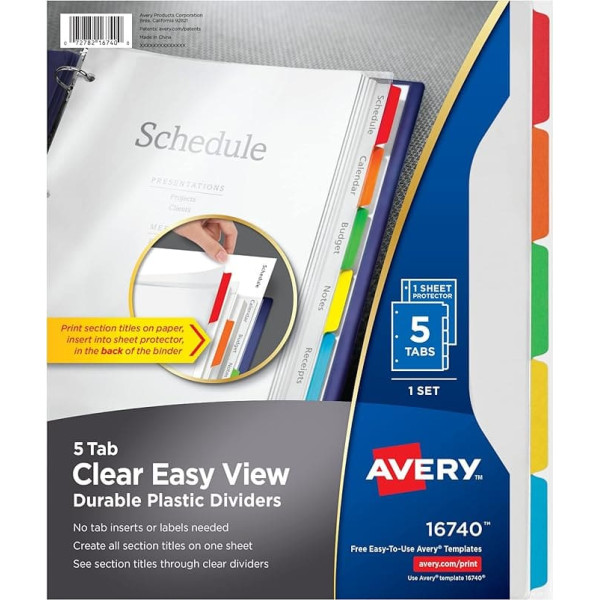 AVERY 16740 Plastic Dividers, Transparent, Easy to See 5 Tabs (16740), Multi-Colour