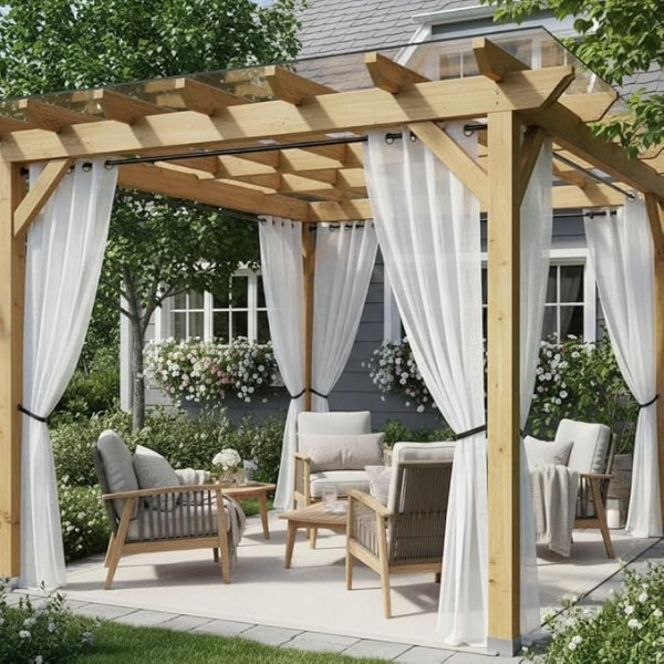 HolidayIdeas Outdoor Sheer Curtains for Patio Waterproof 2 Panels Linen Semi Transparent 95 Inch Long Light Filtering Voile Outdoor Curtains for Gazebo Porch Pergola Backyard
