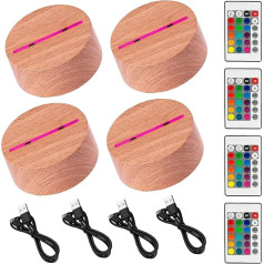 4 x 3D LED Light Base Night Light Lamp Base in Wood Look as Replacement or Build Yourself Includes Remote Control USB Cable 3D Illusion Lamp 7 Colours as Decorative Light Base for Maker (4 Wood Look)