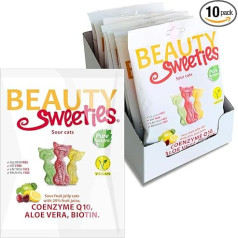 BeautySweeties Sour Cats 125 g Pack of 10 Fruity Sour & Vegan Fruit Gum Cats with 25% Fruit Juice with Coenzyme Q1, Aloe Vera and Biotin 10 x 125 g Storage Pack