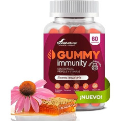 Immunity Gummibärchen, für Kinder und Erwachsene, mit Echinacea, Propolis, Vitaminen D, C, B6 und Zink – unterstützt das Immunsystem – Unterstützung der Abwehrkräfte – 60 Gummibärchen. Soria Natural