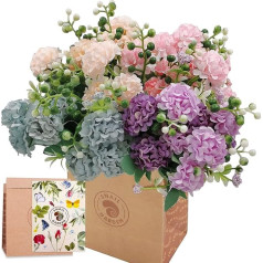 SNAIL GARDEN Artificial Hydrangea with 40 Flower Heads, Pack of 4 Artificial Silk Mini Hydrangea Flowers with Berry Grains, Artificial Flowers with Greeting Card & Paper Bag, Blue, Champagne, Pink