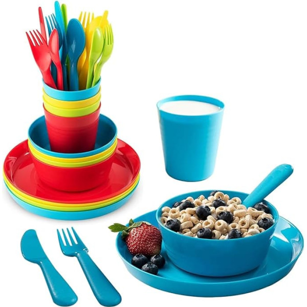 24 Piece Kids Tableware Set - Reusable BPA Free Plastic Plates and Bowl Set, 4 Vibrant Colours, Microwave Safe, Portable Picnic Set for Toddlers, Party