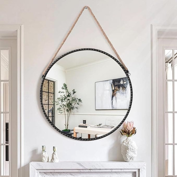 Round Mirror Hanging Wall Mirror with Straps Artistic Metal Frame Circle Mirror for Bedroom Bathroom Vanity Entrance Farmhouse Black 40 x 40 cm
