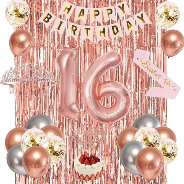 Süße 16 Geburtstag Dekorationen für Mädchen Banner Krone Schärpe Kuchen Topper Zahl Luftballons 16 Geburtstag Party Supplies (Roségold)