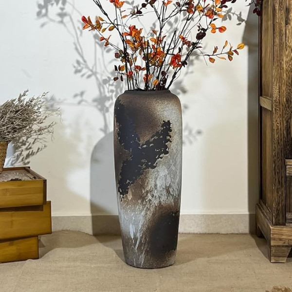 Black Boho Ceramic Floor Vase, 50 cm, Rustic Vintage Vase for Living Room Decoration, Pampas Grass or Dried Flowers, Perfect for Shelves and Tables